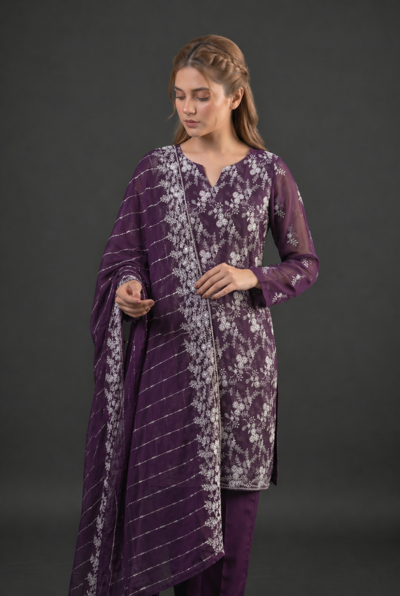 3-Piece Unstitched Embroidered Chiffon Suit