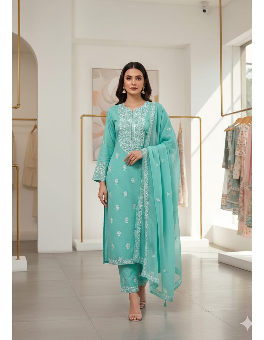 Premium 3-Piece Unstitched Lawn Cotton Multani Embroidered Suit with Chiffon Dupatta