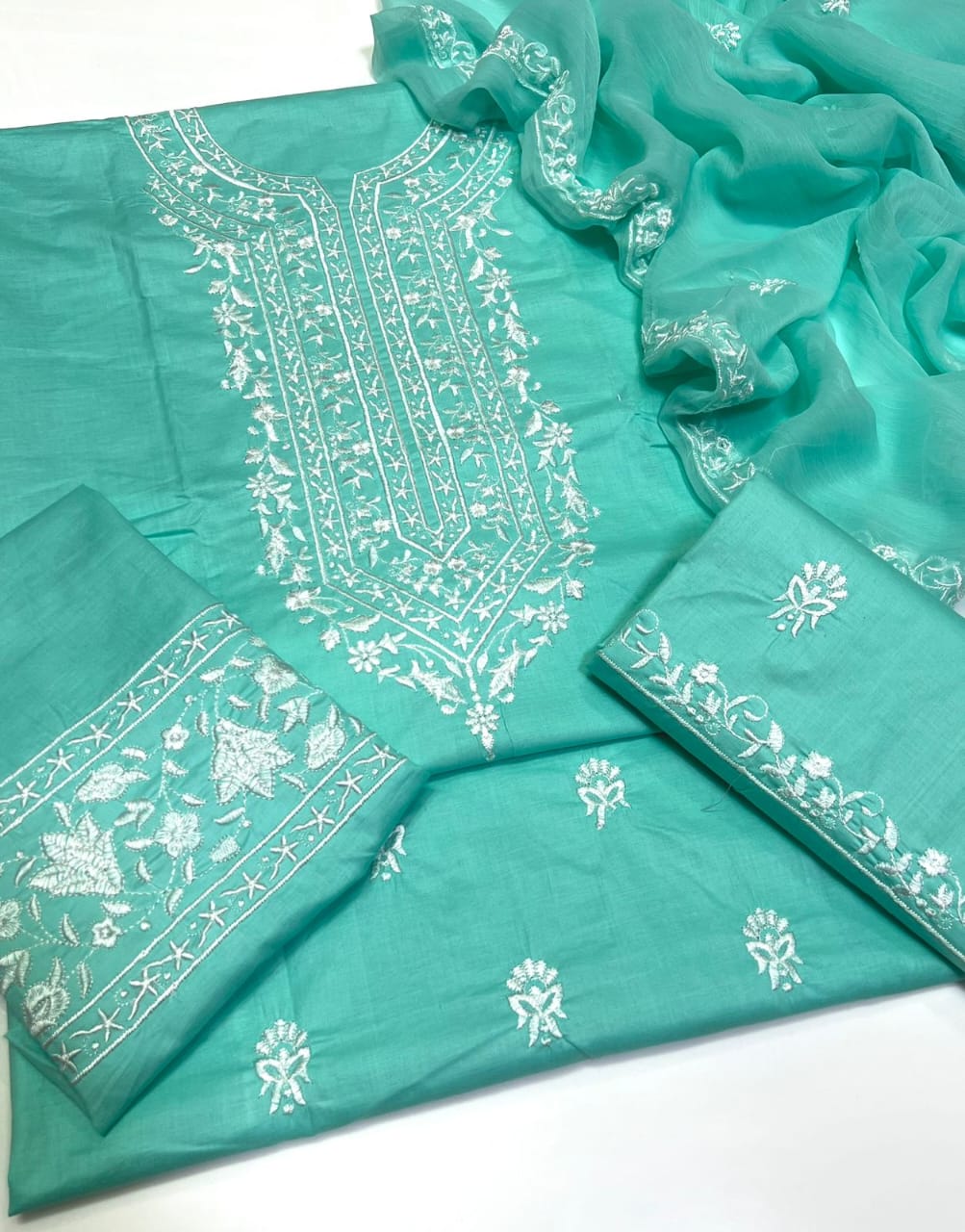 Premium 3-Piece Unstitched Lawn Cotton Multani Embroidered Suit with Chiffon Dupatta