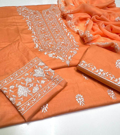 Premium 3-Piece Unstitched Lawn Cotton Multani Embroidered Suit with Chiffon Dupatta